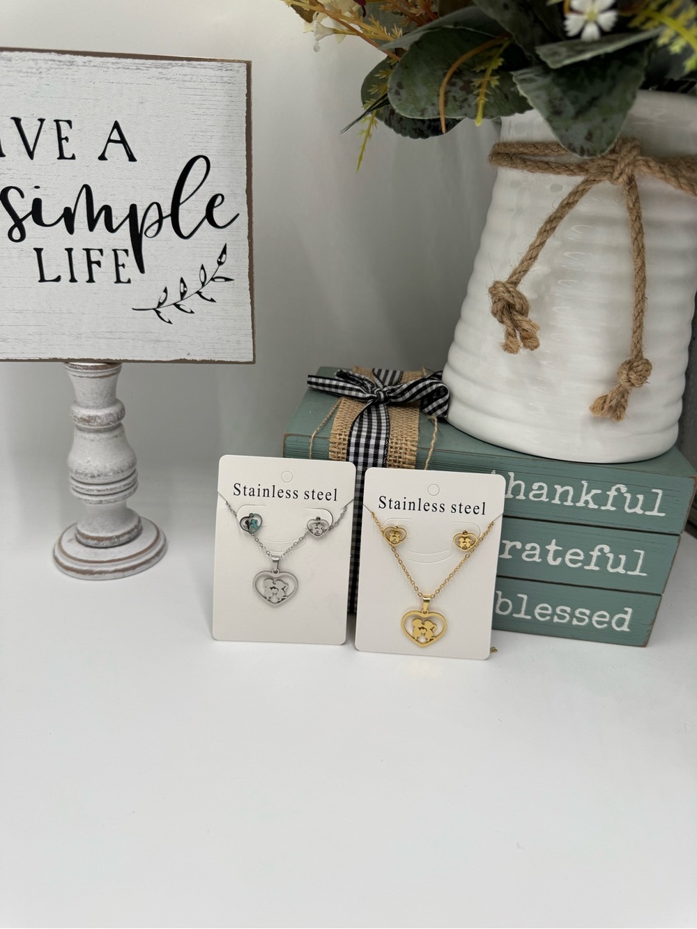 Sweetheart Boy/Girl Earring and Necklace Set - Silver or Gold - Stainless Steel